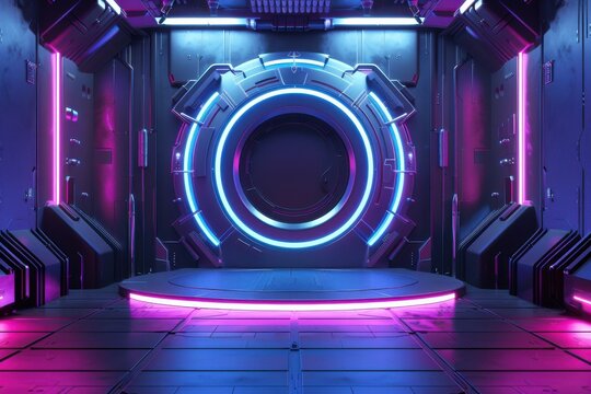 Futuristic Sci-Fi Cyberpunk Neon Stage Background with glowing rings and podium, perfect for product placement and presentations