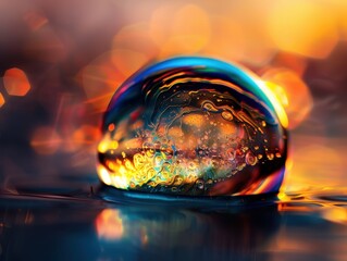 Wall Mural - Vibrant Macro Shot of a Water Droplet with Colorful Abstract Background and Bokeh Effect