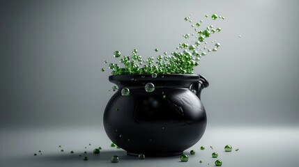 Enchanting Black Cauldron with Green Magical Bubbles on a Gray Background