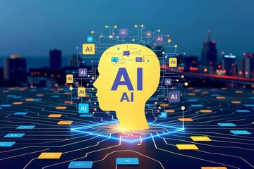 Wall Mural - Illustration of AI in modern business, showcasing the integration and innovation of artificial intelligence in corporate environments.