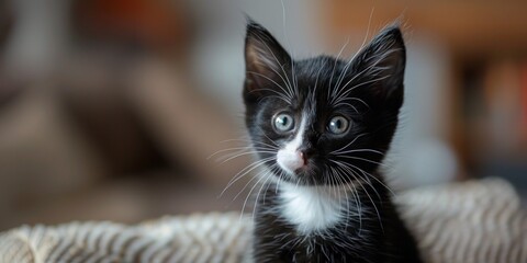 Wall Mural - Close-up Portrait of a Black and White Kitten