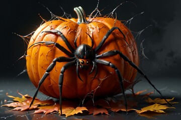 Halloween, black spider with web and big orange pumpkin