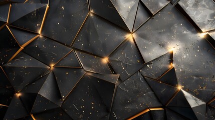 3d render, abstract black crystal background with gold line, faceted texture, macro panorama, wide panoramic polygonal wallpaper