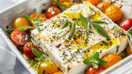Wall Mural - Savory Delight - Baked Feta Cheese with Cherry Tomatoes and Fresh Herbs on Rustic Pan Stock Photo