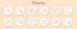 © Anastasia - Charity icons set. Heart, hands holding heart, donation box, plant, people, house, clipboard, gift. Line icons on beige background