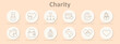 © Anastasia - Charity icons set. Heart, hands holding heart, donation box, plant, people, house, clipboard, gift. Line icons on beige background