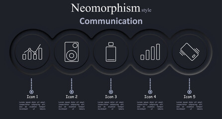 Communication set icon. Chart, speaker, signal, mobile, network, connection, audio, technology, interface, web, digital, app, device, internet, vector, illustration, communication, neomorphism, icons.