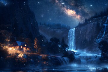 Wall Mural - a house in the woods with a waterfall and a stunning night sky