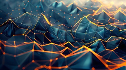 3d render, abstract black crystal background with gold line, faceted texture, macro panorama, wide panoramic polygonal wallpaper