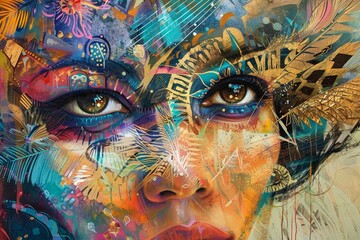 Sticker - A painting depicting a womans face adorned with feathers, A visionary artist pushing boundaries and sparking inspiration with her bold creations