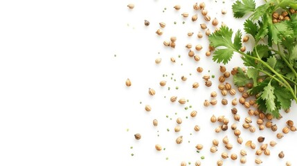 Wall Mural - Cilantro or Coriander Seed on White Background with Empty Space
