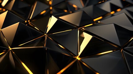 Wall Mural - 3d render, abstract black crystal background with gold line, faceted texture, macro panorama, wide panoramic polygonal wallpaper