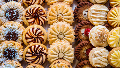A variety of cookies are arranged on the table, showcasing different shapes and flavors