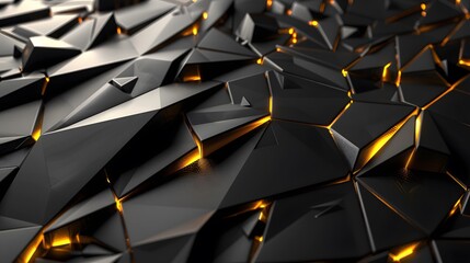 Wall Mural - 3d render, abstract black crystal background with gold line, faceted texture, macro panorama, wide panoramic polygonal wallpaper