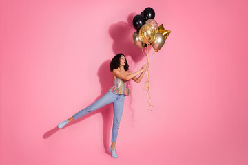 Poster - Full length photo of lovely young lady hold amazed air balloons dressed stylish sequins garment isolated on pink color background