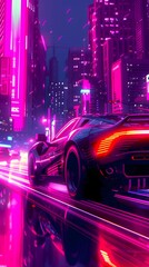 Poster - Sleek Autonomous Vehicles Traverse Neon-Lit Cityscape at Night