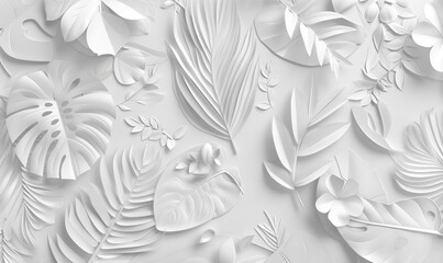 Wall Mural - 3D wallpaper with white paper cut out plants and leaves, white background