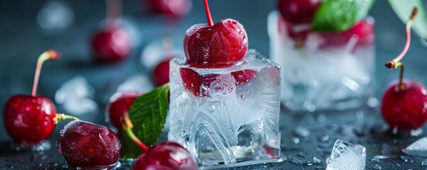 Wall Mural - Ripe cherries frozen in ice cubes with water droplets on a dark background