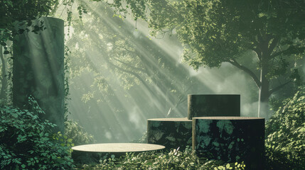 Wall Mural - 3D podiums in a forest made of pixels and digital effects, blending nature with technology