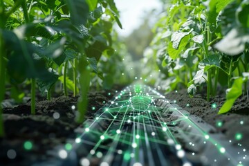 Poster - Lush green plants in rows, thriving in the nutrient-rich soil of a garden or farm, A visualization of data analytics guiding the water distribution in a smart irrigation system