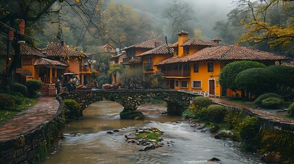 Quaint, historic village nestled in a lush, green valley with a winding stream, charming stone bridges, locals gathering in the central square, and a traditional horse-drawn carriage 