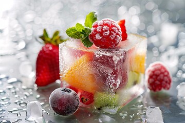 Wall Mural - Summer fruit ice cube melting on a shiny surface, creating a delicious pool