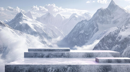 Wall Mural - 3D podiums on snowy mountain peaks, providing a majestic and awe-inspiring backdrop