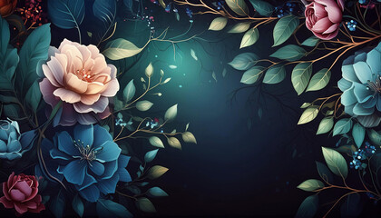 Wall Mural - dark background featuring leaves and flowers. the background is empty except for the dreamy, intricate floral background. leaves, ivy, eucalyptus, vines, and rose flowers