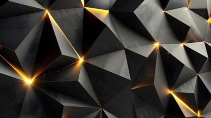 Wall Mural - 3d render, abstract black crystal background with gold line, faceted texture, macro panorama, wide panoramic polygonal wallpaper