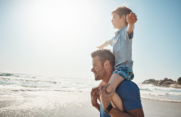 Poster - Dad, beach and child on shoulders for airplane, vacation or waves to relax with care, love or bonding on walk. Man, father and boy for piggy back, plane or flight by sea for mockup space in Croatia