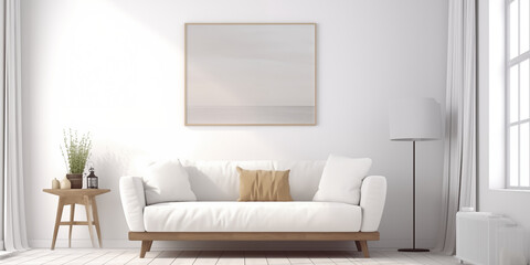 Wall Mural - Blank picture frame mockup on white wall. White living room design. View of modern scandinavian style interior with sofa. Home staging and minimalism concept