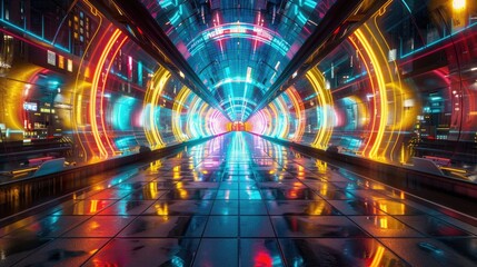 Futuristic corridors filled with glowing neon lights create an abstract, vibrant atmosphere, evoking a sense of modernity and movement.