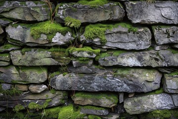 Sticker - Moss thrives on an old stone wall, adding a green contrast to its weathered surface, A weathered stone wall with moss growing between the cracks