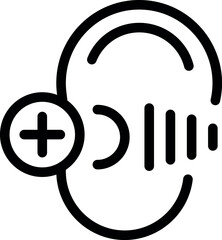 Sticker - Black and white line art icon of an ear hearing sound with a plus sign for adding volume