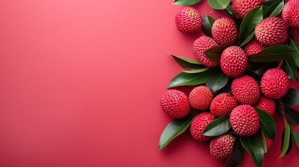 Wall Mural - Lychee Fruit Arrangement on Red Background