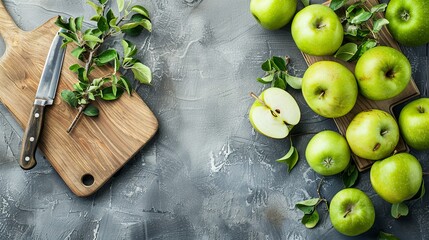 Wall Mural - Green apples sliced ​​on a kitchen board
