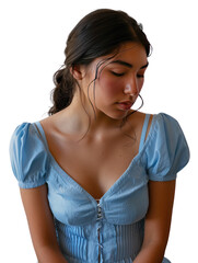 A young woman with long dark hair, wearing a light blue top, looks down with a contemplative expression.