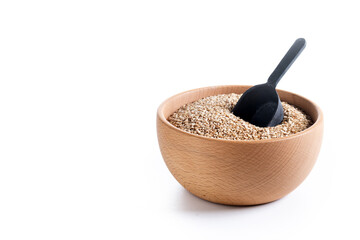 Poster - Rolled oats, healthy breakfast cereal oat flakes in bowl isolated on white background. Copy space