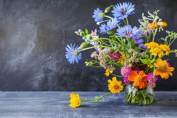 Colorful wildflower arrangement in a glass vase on a rustic surface