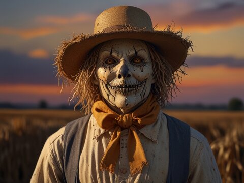 an ominous scarecrow in the evening wheat field