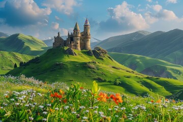 Wall Mural - A castle overlooking a green hillside, A whimsical fairytale castle perched on a cliff overlooking a waterfall