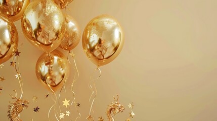 Poster - Gold balloons 2024 with confetti gold mirrored balloon party stars gifts and dragon on a light beige background Happy New Year 2024 creative Golden Dragons : Generative AI