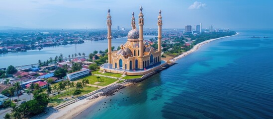 Aerial View of a Coastal Mosque in Southeast Asia