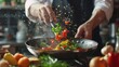 © The Little Hut - cooking food profession and people concept  close up of male chef with frying pan stewing vegetables at restaurant kitchen : Generative AI