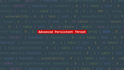 Cyber attack advanced persistent threat text in foreground screen of code editor developer studio point of vue. Vulnerability text in binary system ascii. Text in English, English text