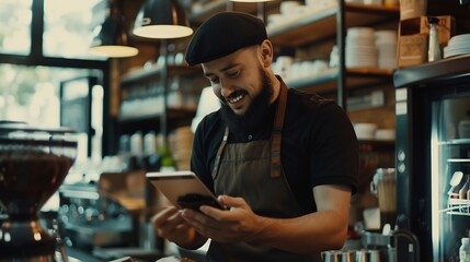 Poster - Barista phone call and tablet for restaurant communication online management or customer service in cafe Small business owner waiter or man on mobile and digital inventory for coffee s : Generative AI
