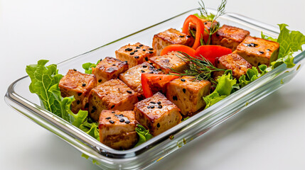 Wall Mural - Tofu Delight: Fresh Rows of Marinated Tofu in a Glass Dish Stock Photo