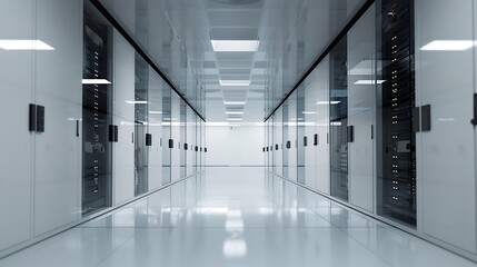 Fototapete - Inside Large Data Center Advanced Cloud Computing Concept Corridor with Server Racks and Cabinets full of Hard Drives : Generative AI