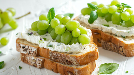 Wall Mural - Delectable Sandwiches with Cream Cheese and Grapes - Mouthwatering Snack Delights Stock Photo