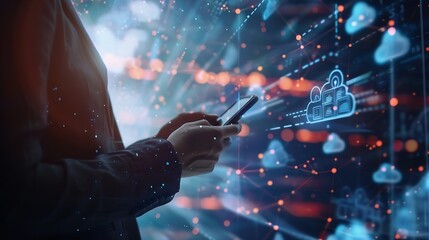 Fototapete - Businessman is using a mobilephone to access the cloud computing system cloud computing big data internet of things business processes various storage systems : Generative AI